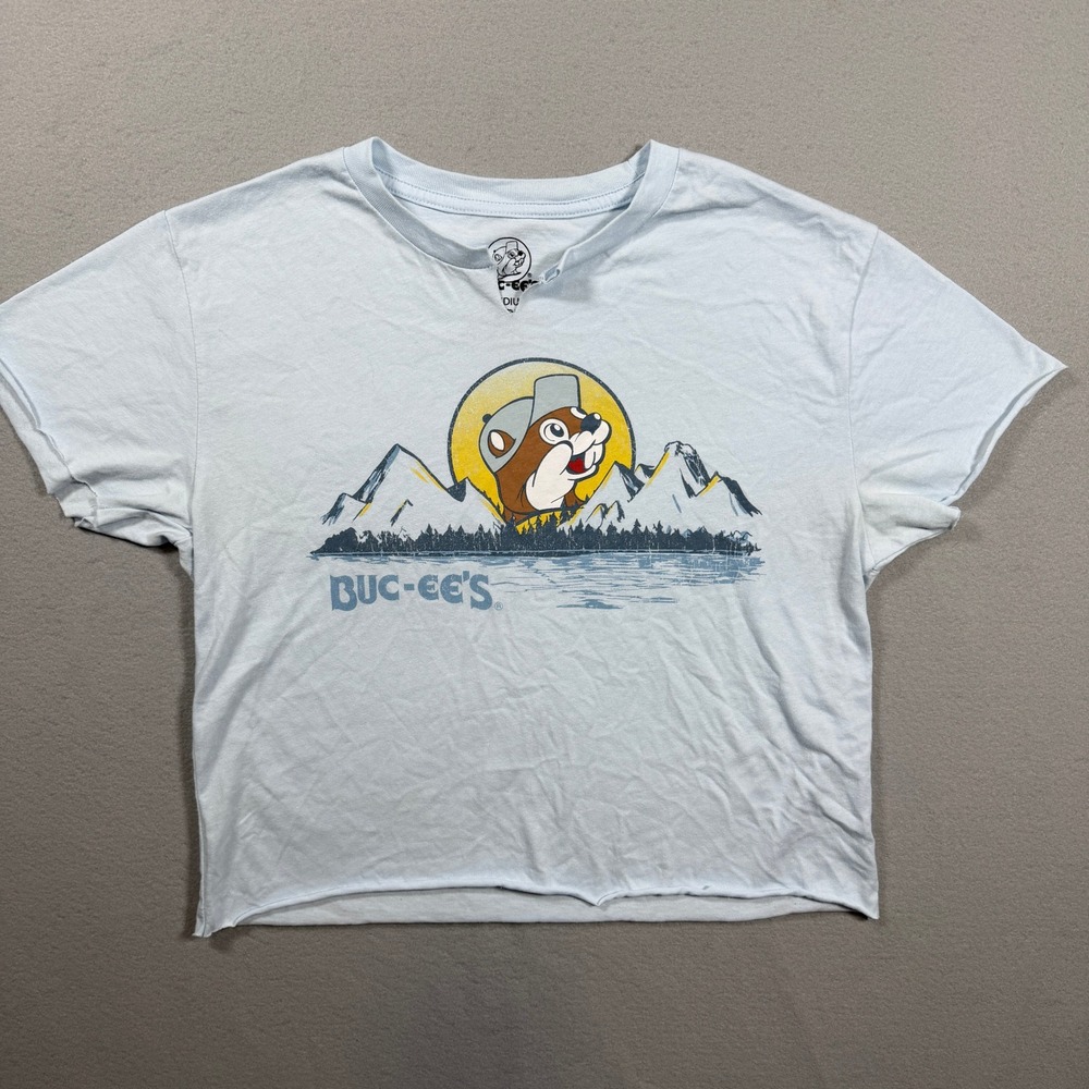 Buc-ee's Women M Crop Top T-Shirt Light Blue On My Mind Mountain Graphic Raw Hem